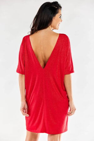 Błyszcząca sukienka oversize z dekoltem V z przodu i z tyłu czerwona uniwersalny