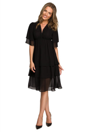 Sukienka wieczorowa szyfonowa z dekoltem V i falbanami czarna midi L