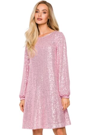 Sukienka cekinowa trapezowa z paskiem w talii błyszcząca różowa XXL