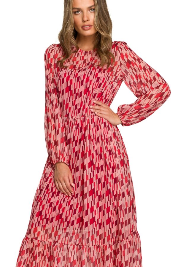 Długa sukienka szyfonowa z falbaną na dole rozkloszowana czerwona S